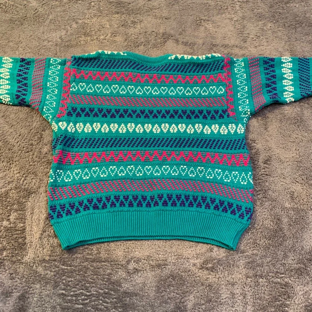 Vintage 90s Jantzen Teal Pink Heart Knit Sweater Embroidered‎ wmns Medium